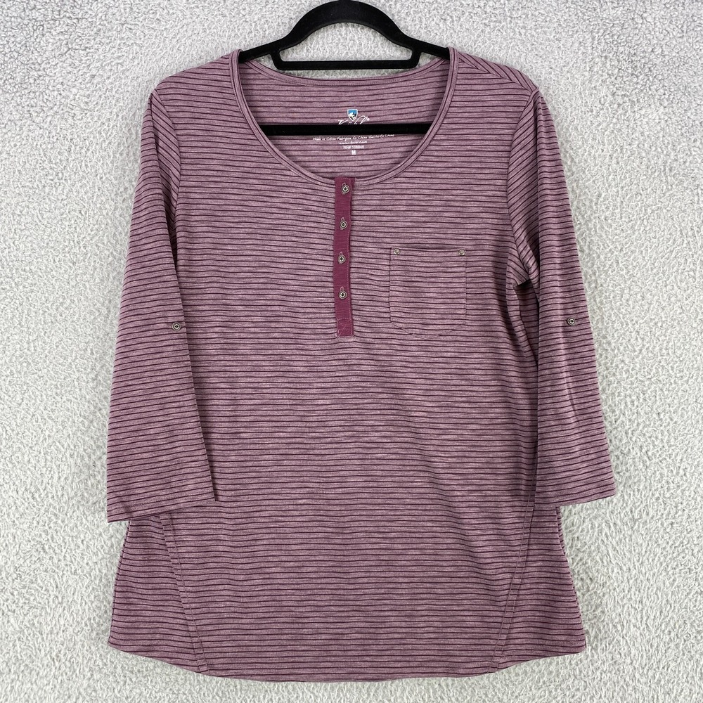 Kuhl Henley Shirt Women's M Top Pullover Long Sleeve Purple Striped Roll Ups